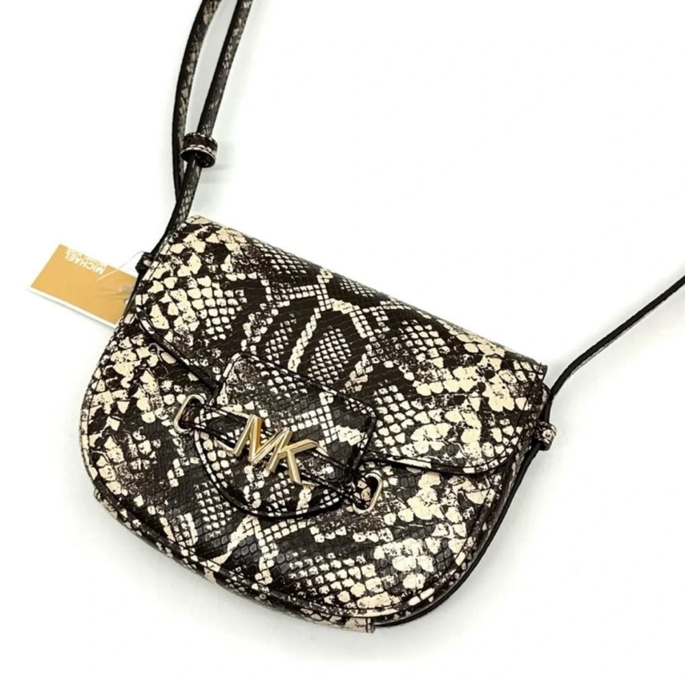 Michael Kors Small Reed Leather Saddle Crossbody Bag Snakeskin Nat/Light Cream